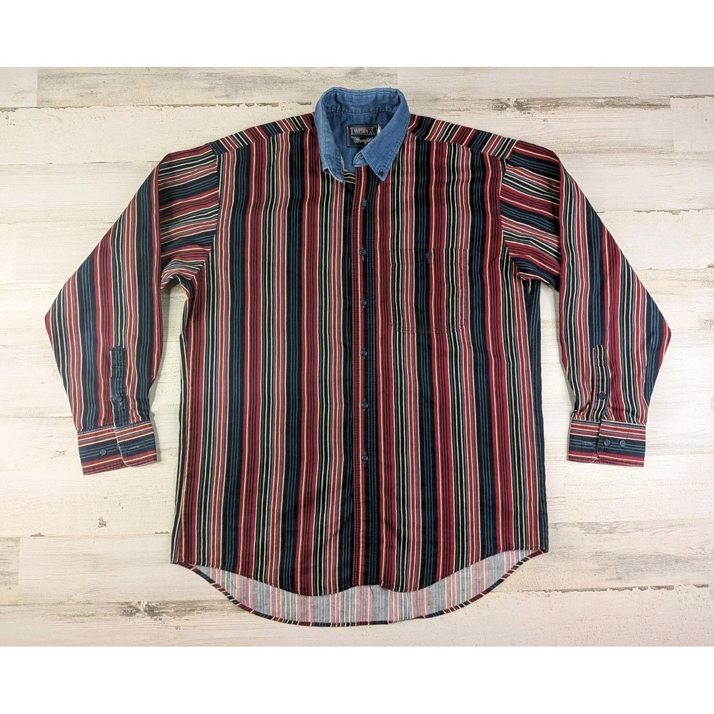 Vintage Wrangler Mens Large Denim Collar Striped Brushpopper USA Made MJ2242A